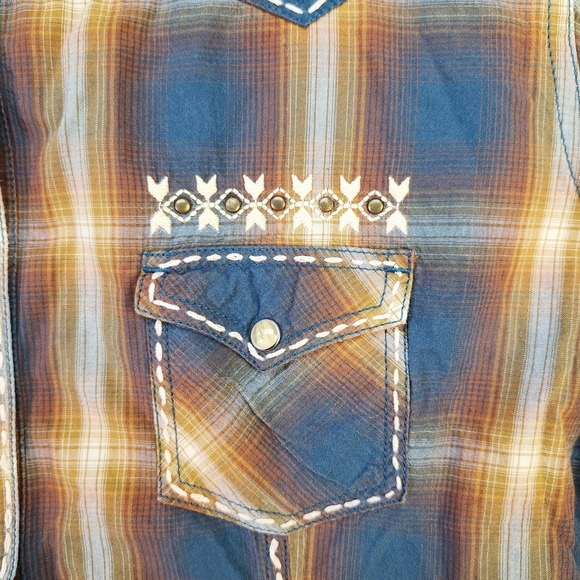 Panhandle Shirt Womens Large Blue Yellow Plaid Western Pearl Snap Embroidered - Picture 3 of 8